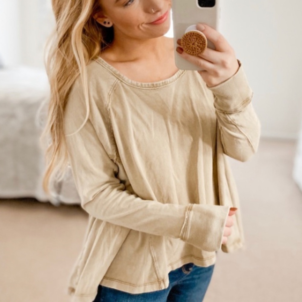 Free People Tan Boxy Cropped Long Sleeve Top Sz S